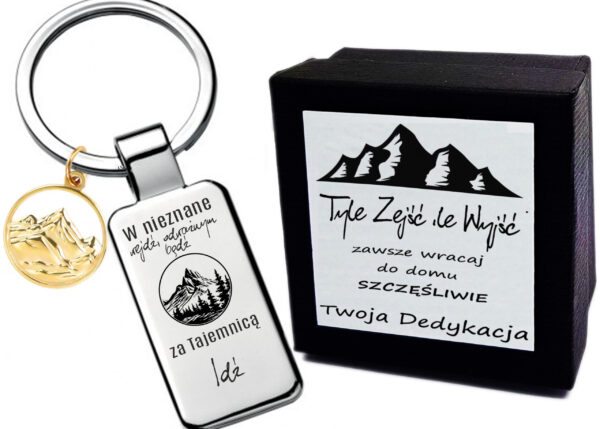 Breloczek z grawerem – W nieznane wejdź odważnym bądź tajemnicą Idź - Prezent dla miłośnika gór Złota zawieszka góry biżuteria Brelok Góry prezent dla męża dziewczyny żony kobiety chłopaka mężczyzny