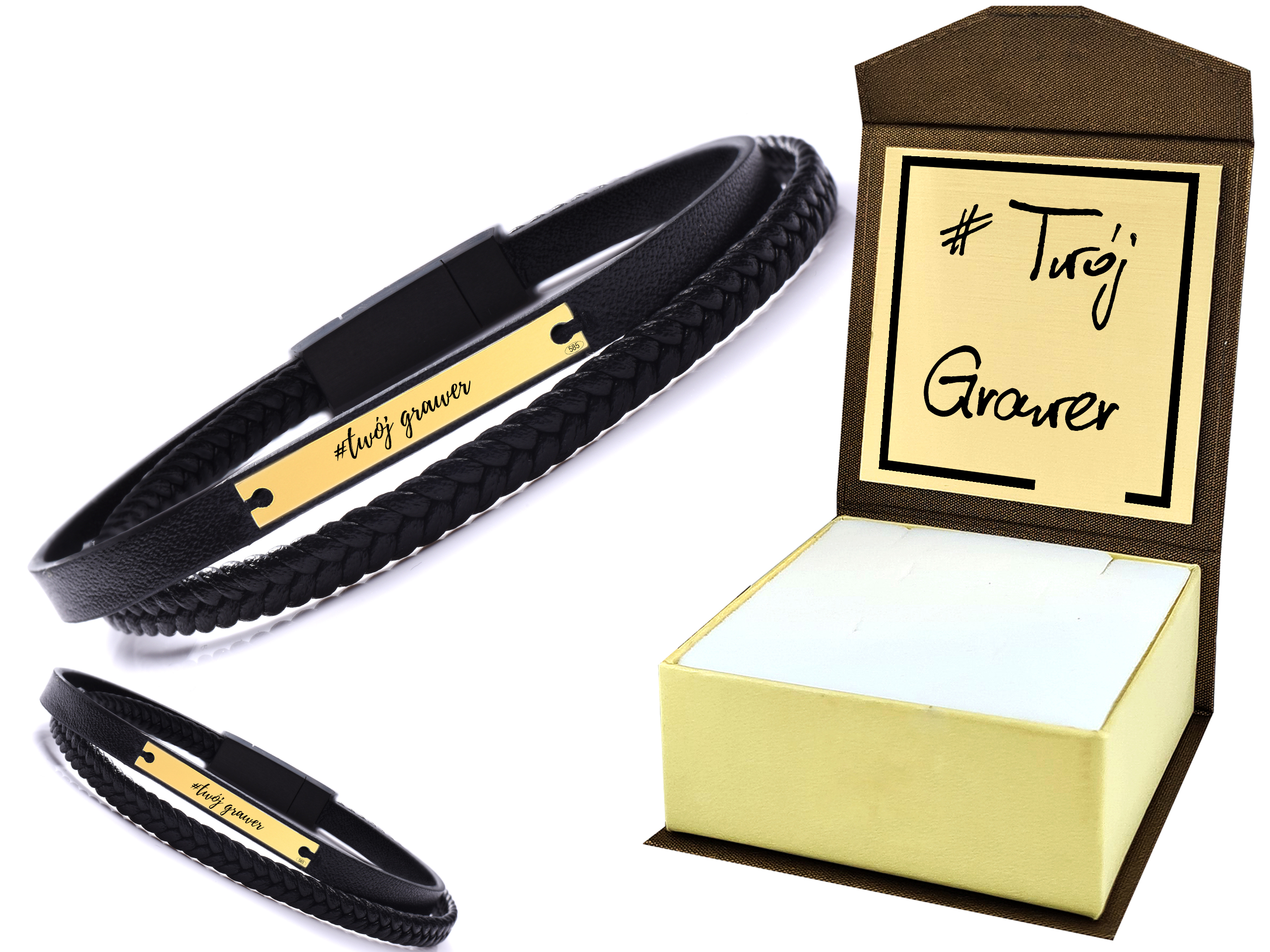 Bransoletka Męska Złota próba 585 + Grawer + Etui + Skóra