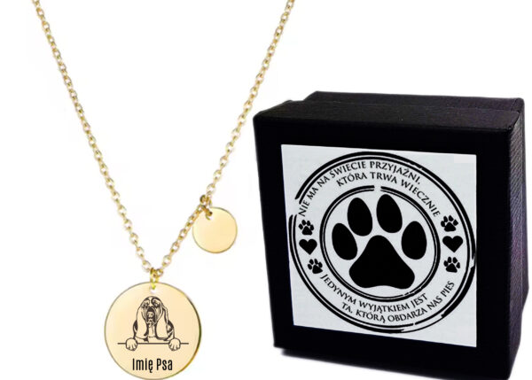 Naszyjnik Złoty Damski Medalik - Rasy Psów - Basset Hound - Celebrytka z Grawerem - Kółka - Delikatny -  Prezent dla Niej + Etui + Grawer - Prezent dla Psiary