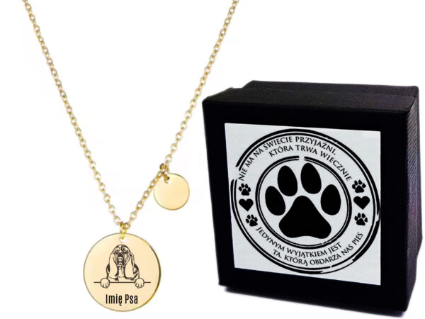 Naszyjnik Złoty Damski Medalik - Rasy Psów - Basset Hound - Celebrytka z Grawerem - Kółka - Delikatny -  Prezent dla Niej + Etui + Grawer - Prezent dla Psiary