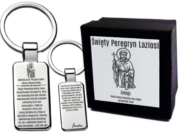 Brelok do Kluczy Zawieszka z grawerem Modlitwa do Św. Peregryn Laziosi Patron Chorych na Raka i Ludzi Cierpiących - Medalik