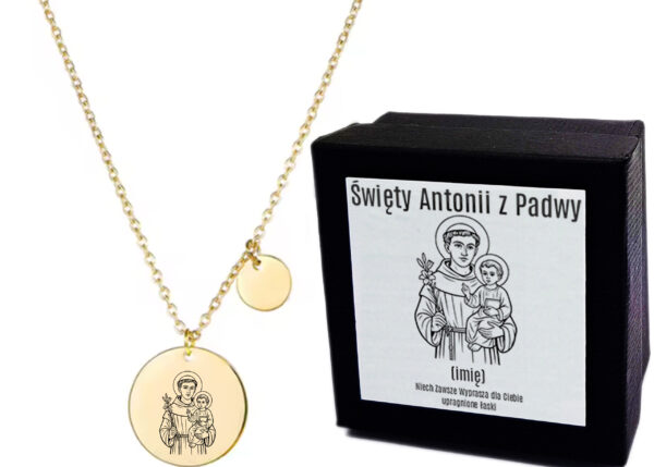 Naszyjnik Złoty Damski Medalik - Św. Antonii z Padwy - Celebrytka z Grawerem - Kółka - Delikatny -  Prezent dla Niej + Etui + Grawer