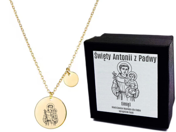 Naszyjnik Złoty Damski Medalik - Św. Antonii z Padwy - Celebrytka z Grawerem - Kółka - Delikatny -  Prezent dla Niej + Etui + Grawer
