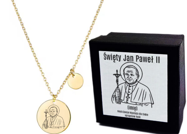 Naszyjnik Złoty Damski Medalik - Św. Jan Paweł II - Celebrytka z Grawerem - Kółka - Delikatny -  Prezent dla Niej + Etui + Grawer