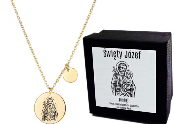 Naszyjnik Złoty Damski Medalik - Św. Józef - Celebrytka z Grawerem - Kółka - Delikatny -  Prezent dla Niej + Etui + Grawer