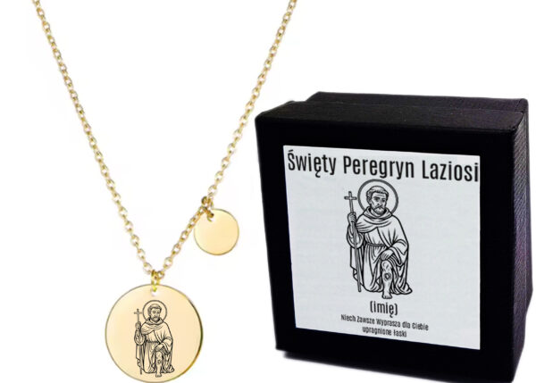 Naszyjnik Złoty Damski Medalik - Św. Peregryn Laziosi Patron Chorych na Raka - Celebrytka z Grawerem - Kółka - Delikatny -  Prezent dla Niej + Etui + Grawer
