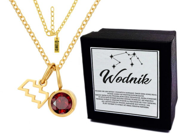 Naszyjnik Złoty Damski Znak Zodiaku- Wodnik - (20 styczeń -18 luty) - Celebrytka z Kamieniem Urodzeniowym- Cyrkonią- Delikatny -  Prezent dla Niej + Etui + Grawer