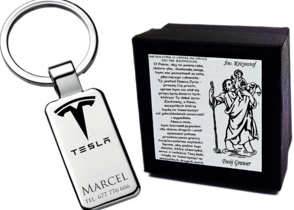 Brelok Tesla do Kluczy Grawer św. Krzysztof + ETUI Prezent dla Kierowcy