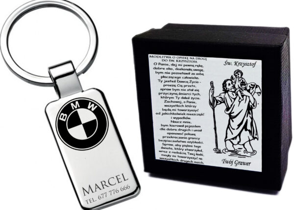 Brelok BMW do Kluczy Grawer św. Krzysztof + ETUI Prezent dla Kierowcy