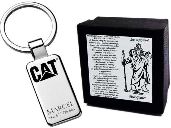 Brelok CAT do Kluczy Grawer św. Krzysztof + ETUI Prezent dla Kierowcy