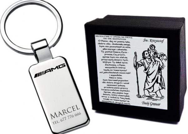 Brelok AMG do Kluczy Grawer św. Krzysztof + ETUI Prezent dla Kierowcy