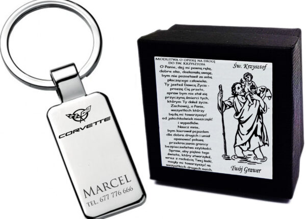 Brelok Corvette do Kluczy Grawer św. Krzysztof + ETUI Prezent dla Kierowcy