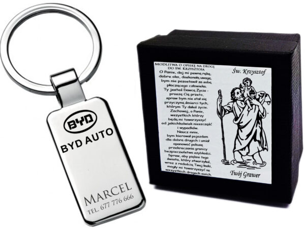 Brelok BYD do Kluczy Grawer św. Krzysztof + ETUI Prezent dla Kierowcy