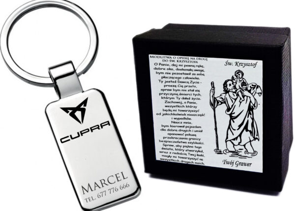Brelok Cupra do Kluczy Grawer św. Krzysztof + ETUI Prezent dla Kierowcy