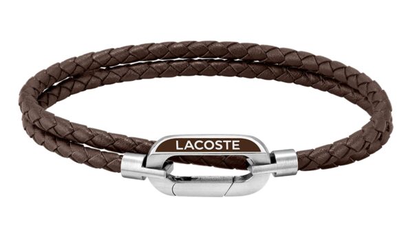 Bransoletka męska Lacoste Starboard 2040113 z plecionej brązowej skóry ze stalowym zapięciem z logo