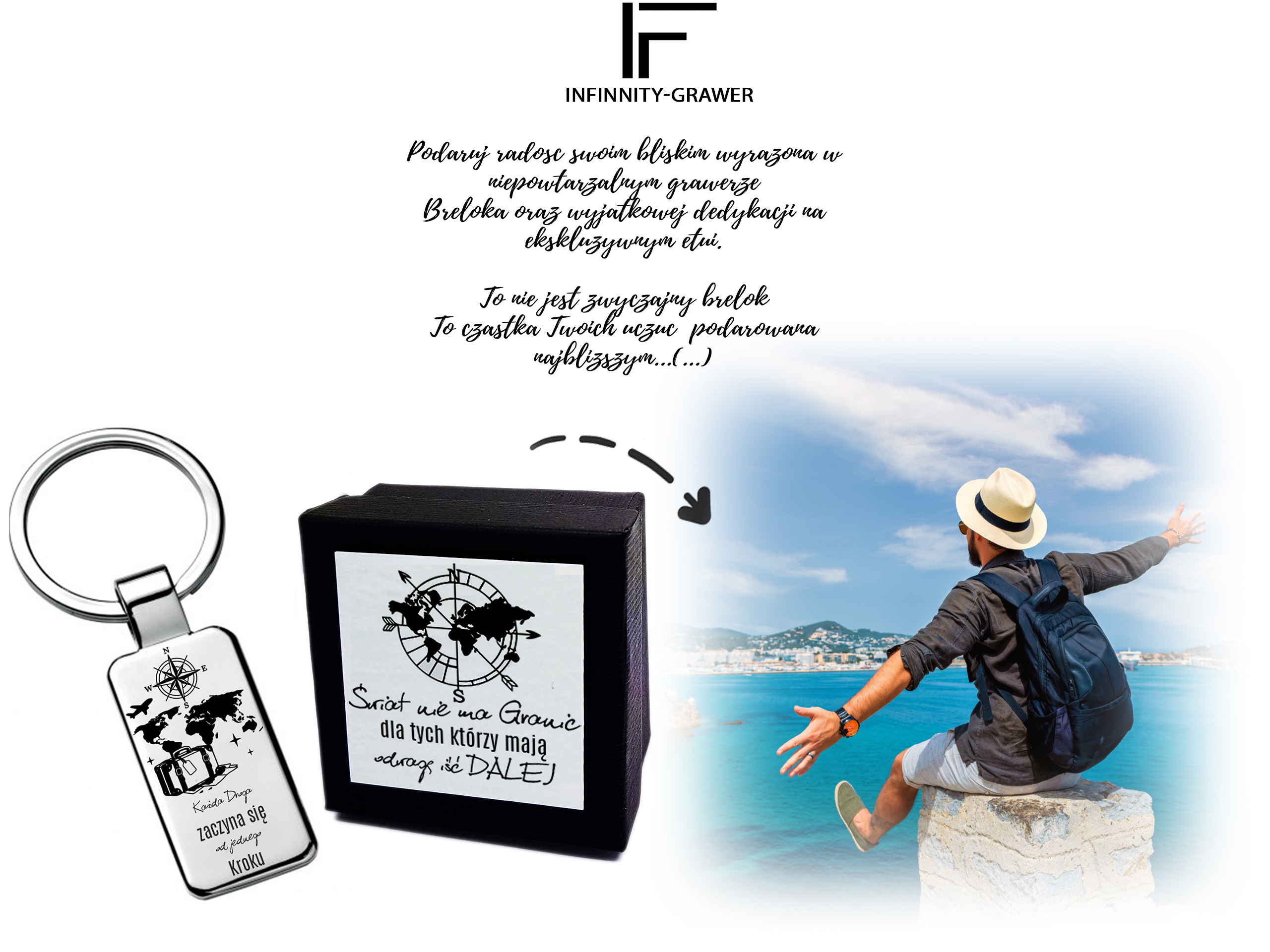 Brelok z grawerem dla podróżnika personalizowany – kompas mapa świata + czarne pudełko z grawerem – prezent dla podróżnika na urodziny imieniny - obrazek 2