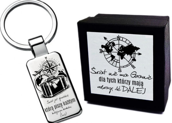 Brelok z grawerem imieniem podróżnik personalizowany kompas walizka + pudełko z grawerem prezent urodziny