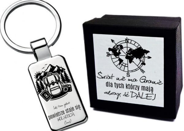 Brelok z grawerem imieniem góry trekking personalizowany plecak + pudełko z grawerem prezent dla turysty urodziny