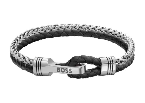 Bransoletka męska BOSS Jaxon 1580894M z czarnej skóry i stali szlachetnej