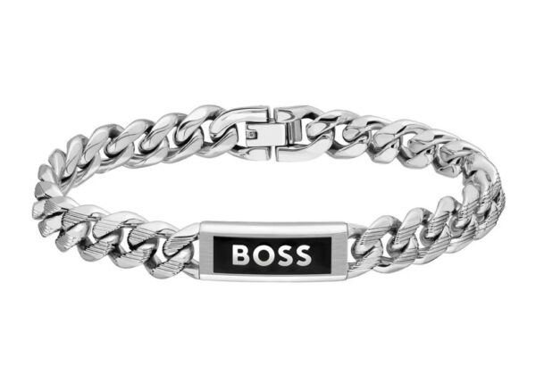 Bransoletka męska BOSS Kassy Emblem 1580679M ze stali szlachetnej z czarnym emblematem