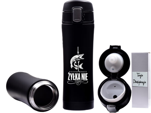 Czarny kubek termiczny 400 ml z grawerem Szczupak wybacza żyłka nie w białym pudełku prezentowym