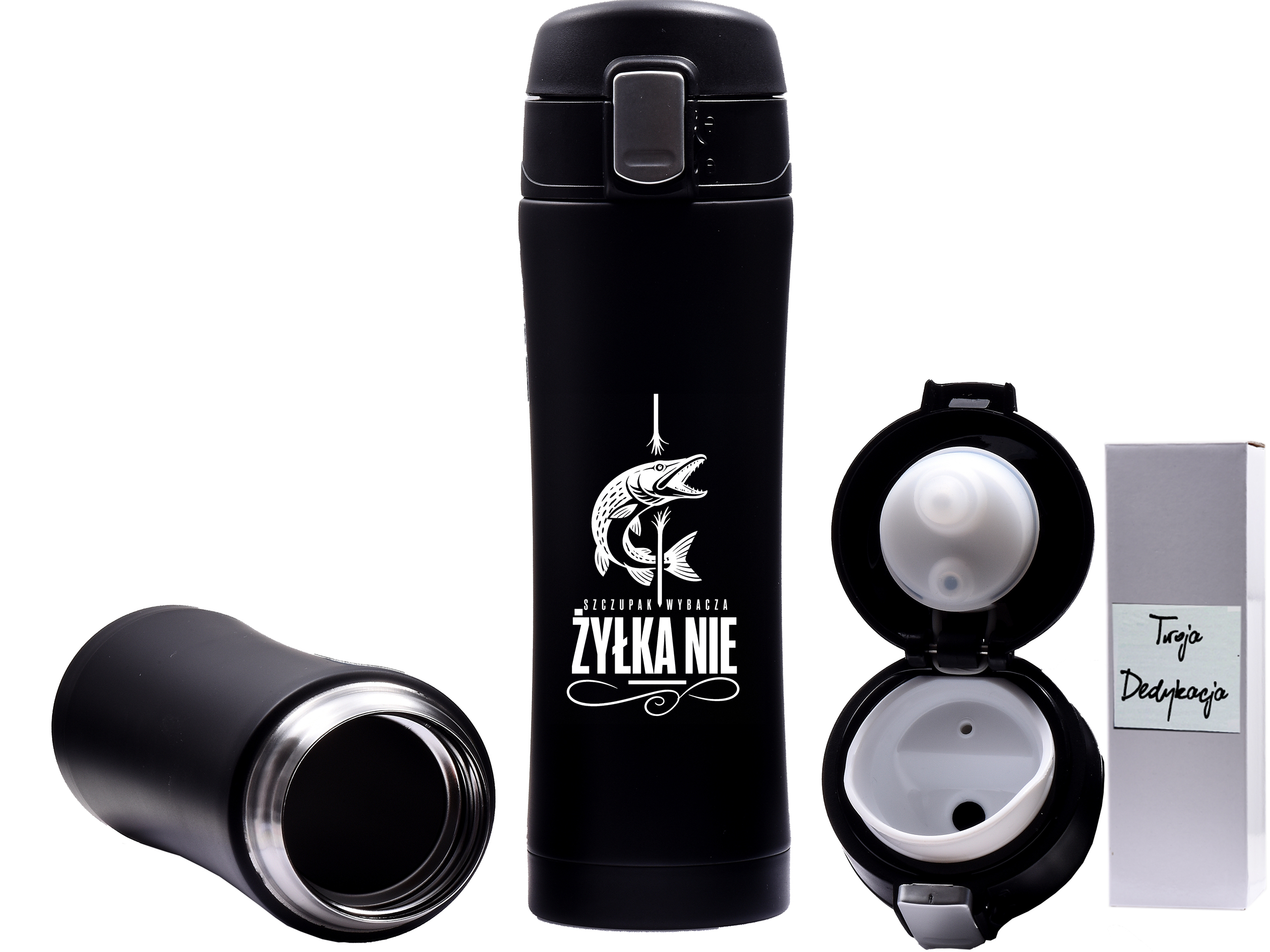 Czarny kubek termiczny 400 ml z grawerem Szczupak wybacza żyłka nie w białym pudełku prezentowym