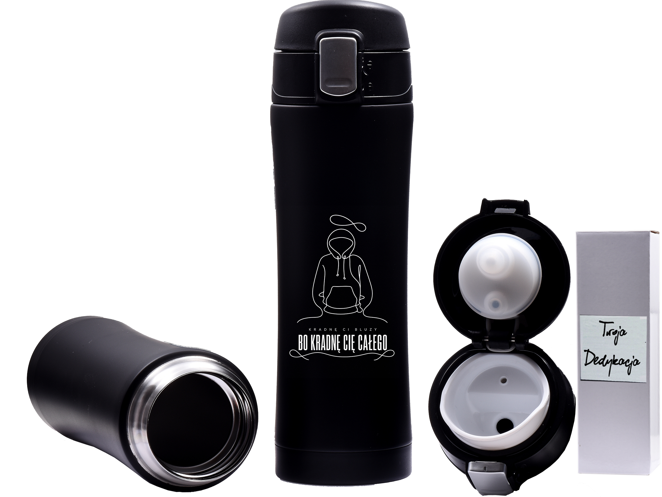 Czarny kubek termiczny 400 ml z grawerem Kradnę Ci bluzy bo kradnę Cię całego w białym pudełku prezentowym