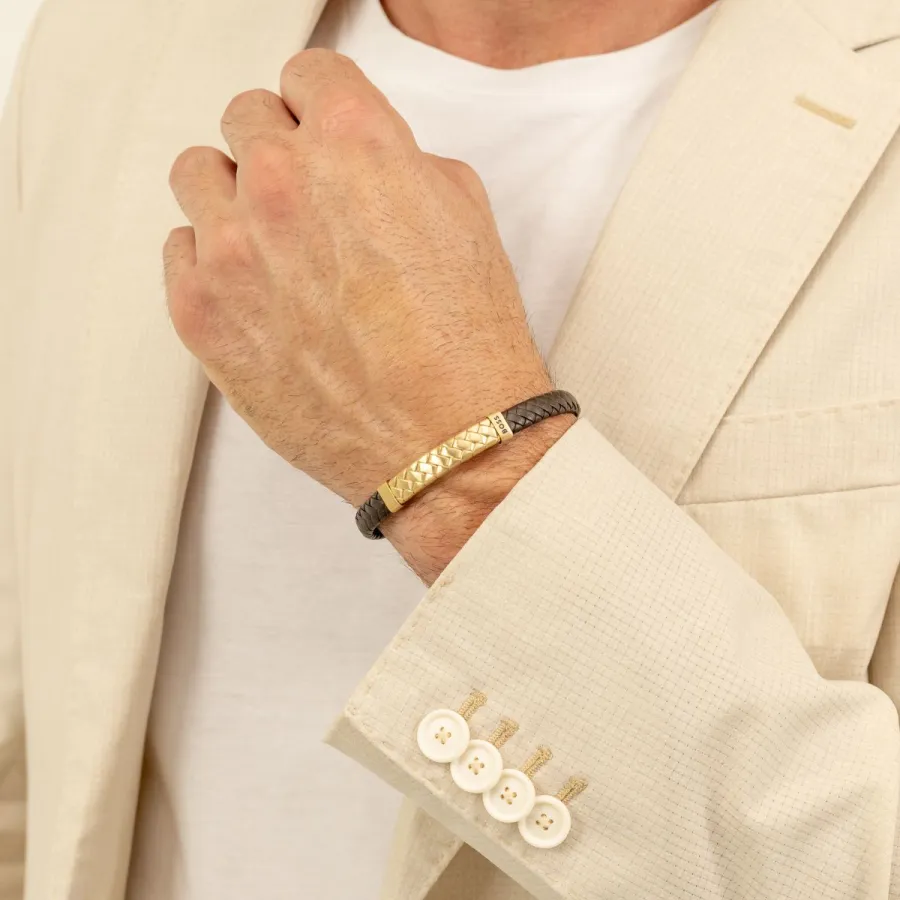 Bransoletka BOSS Tailored 1580675M brązowo-złota – zbliżenie na skórzany pasek