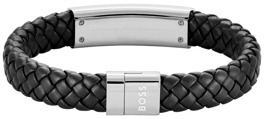 Bransoletka BOSS Lander 1580178M czarna – detal plecionej skóry i stalowego zapięcia