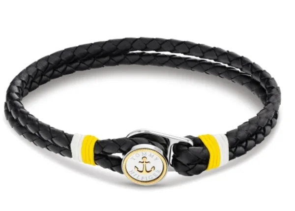 Bransoletka męska Tommy Hilfiger 2790695 czarna skóra z żółtym akcentem