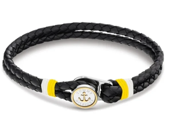Bransoletka męska Tommy Hilfiger 2790695 czarna skóra z żółtym akcentem