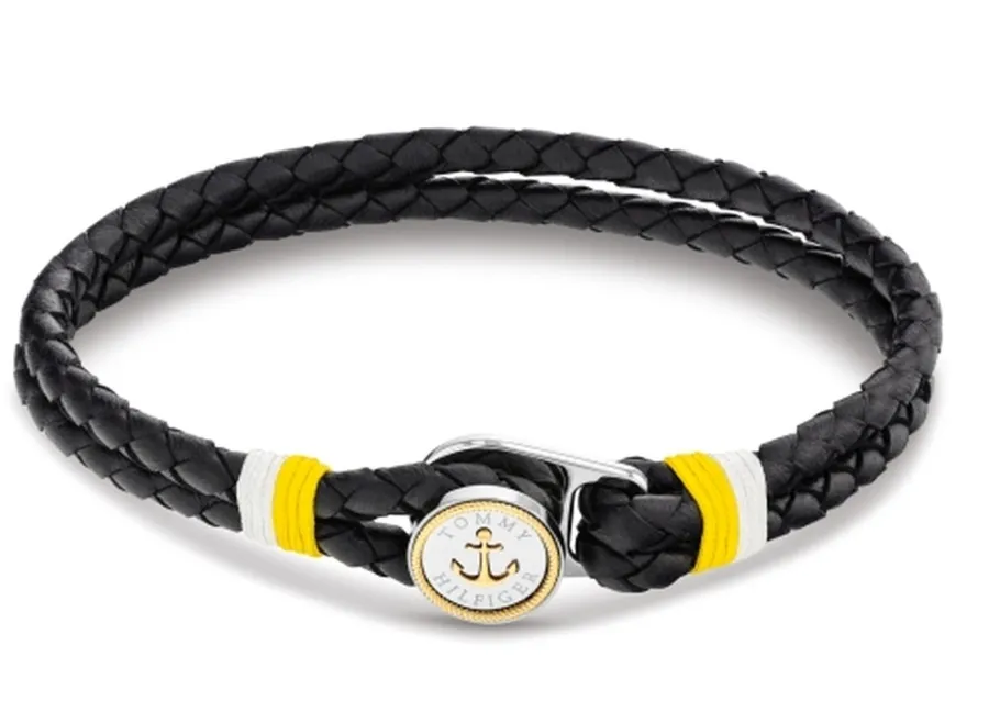 Bransoletka męska Tommy Hilfiger 2790695 czarna skóra z żółtym akcentem