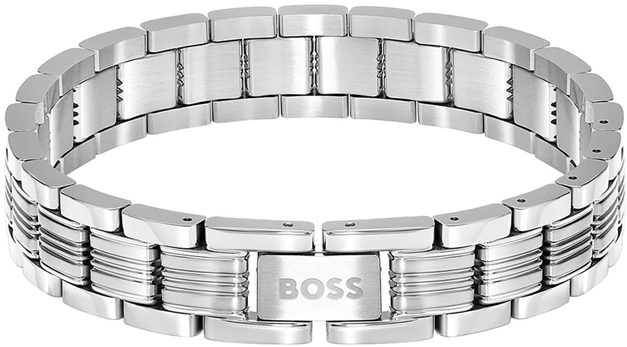 Bransoletka męska BOSS Emblem 1580885 ze stali szlachetnej w naturalnym stalowym kolorze
