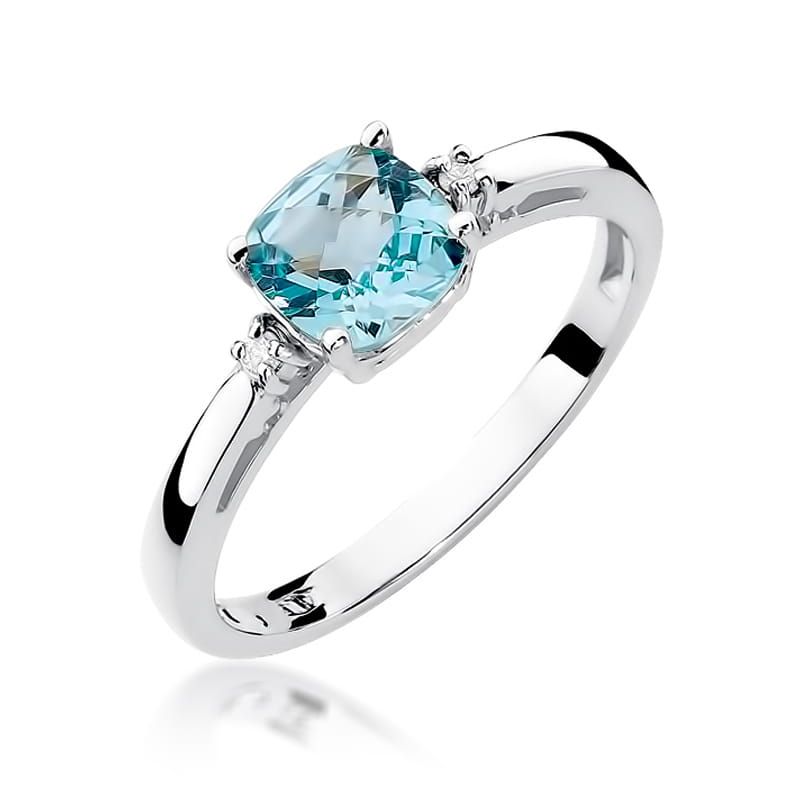 Pierścionek z topazem Swiss Blue 1,10 ct i brylantami, białe złoto 585