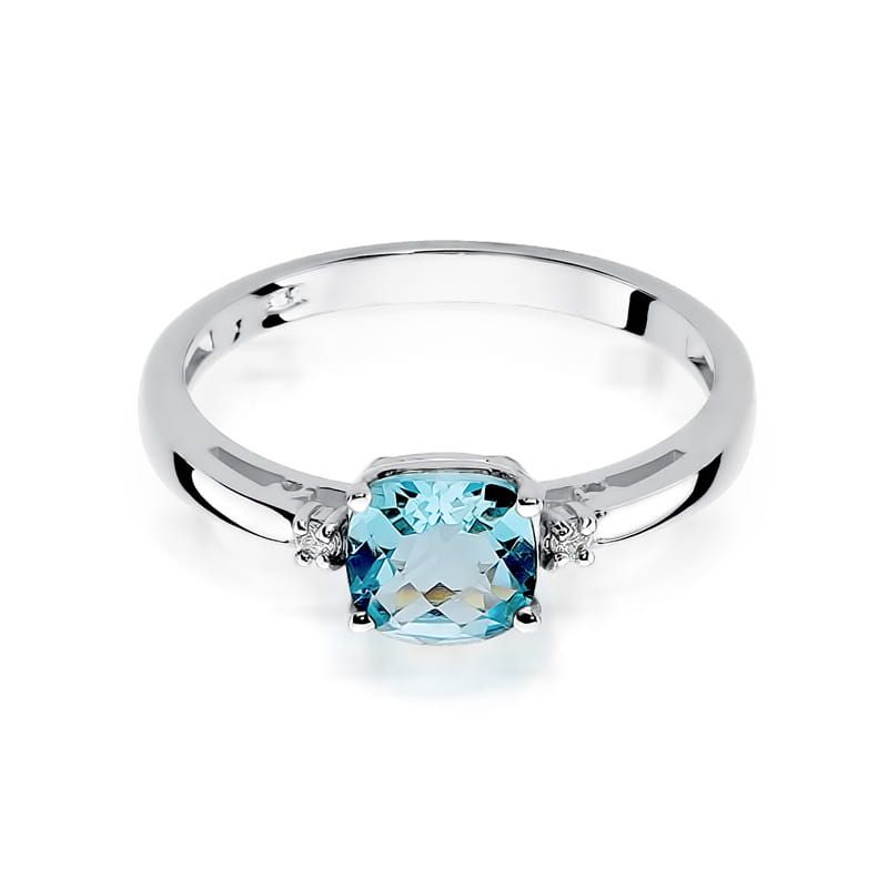 Pierścionek z topazem Swiss Blue 1,10 ct i brylantami, białe złoto 585