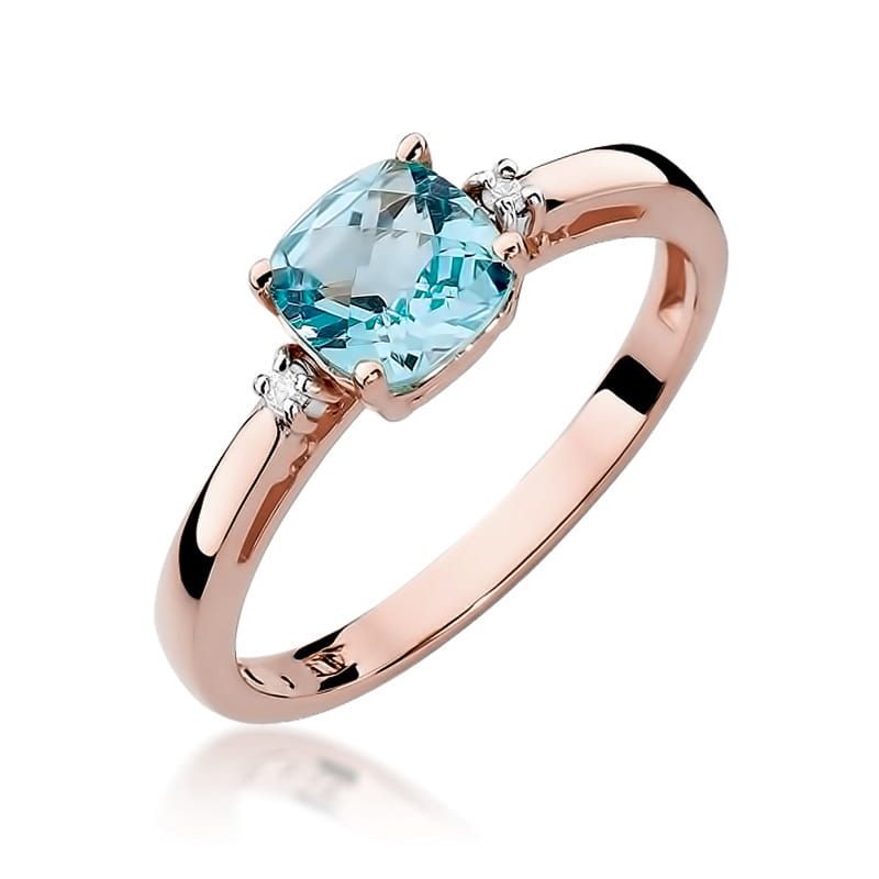 Pierścionek z topazem Swiss Blue 1,10 ct i brylantami, różowe złoto 585