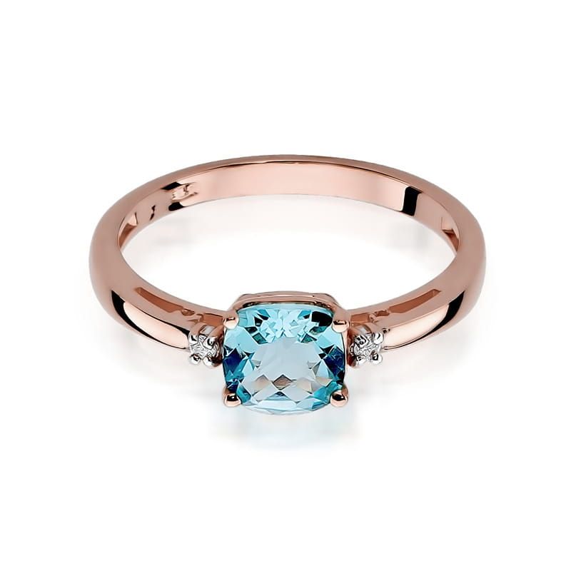 Pierścionek z topazem Swiss Blue 1,10 ct i brylantami, różowe złoto 585