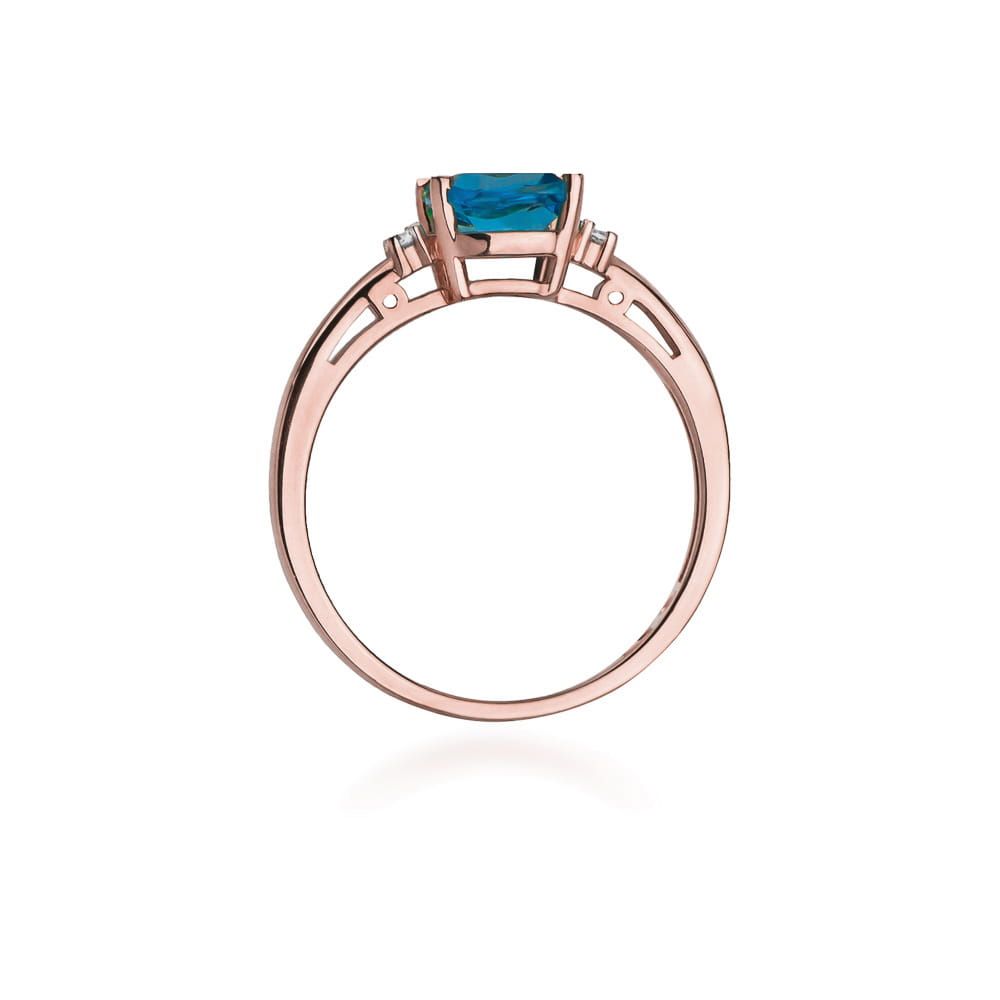 Pierścionek z topazem Swiss Blue 1,10 ct i brylantami, różowe złoto 585