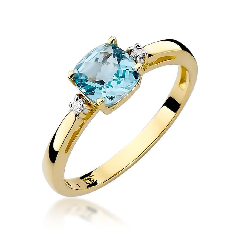 Pierścionek z topazem Swiss Blue 1,10 ct i brylantami, żółte złoto 585