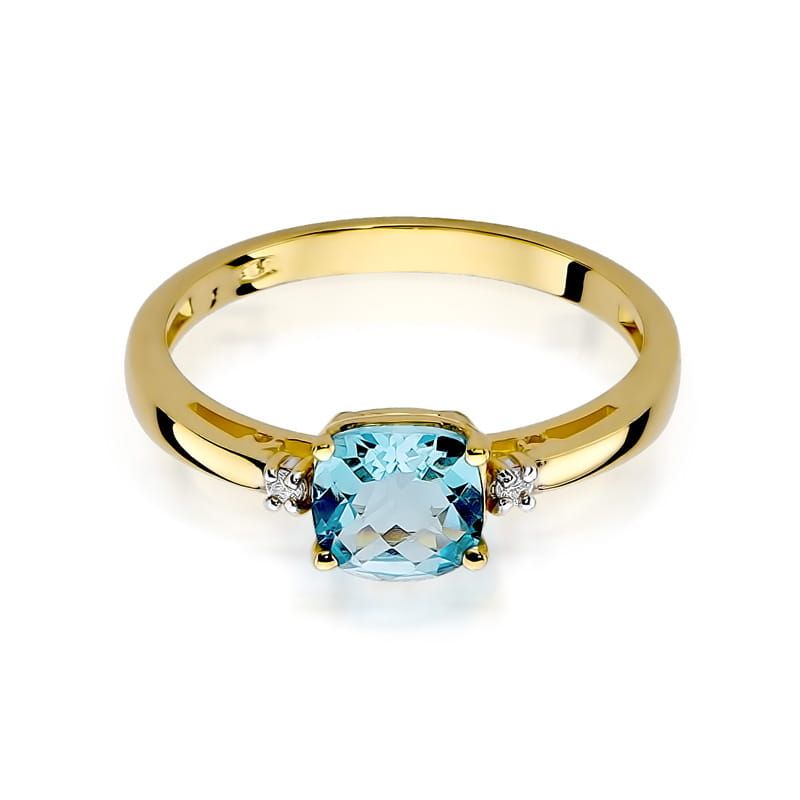 Pierścionek z topazem Swiss Blue 1,10 ct i brylantami, żółte złoto 585