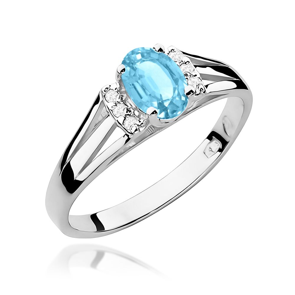Pierścionek z topazem Swiss Blue 0,50 ct i brylantami, białe złoto 585