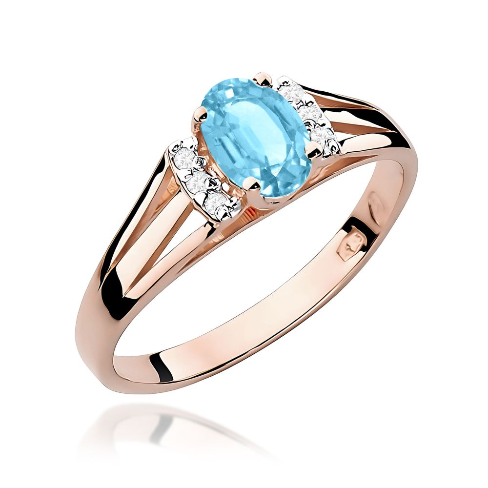 Pierścionek z topazem Swiss Blue 0,50 ct i brylantami, różowe złoto 585