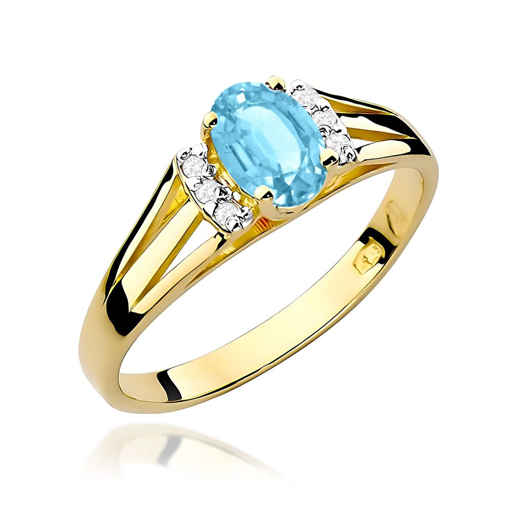 Pierścionek z topazem Swiss Blue 0,50 ct i brylantami, żółte złoto 585