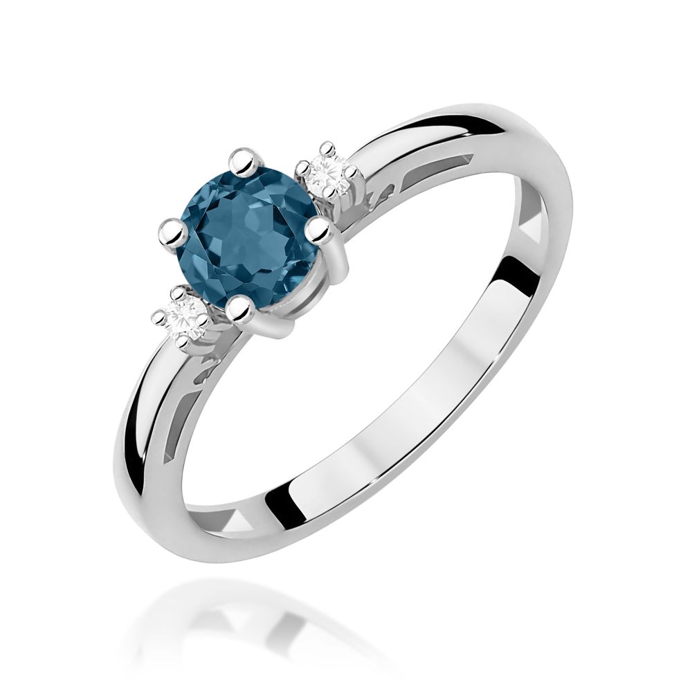 Pierścionek z topazem London Blue 0,50 ct i brylantami, białe złoto 585