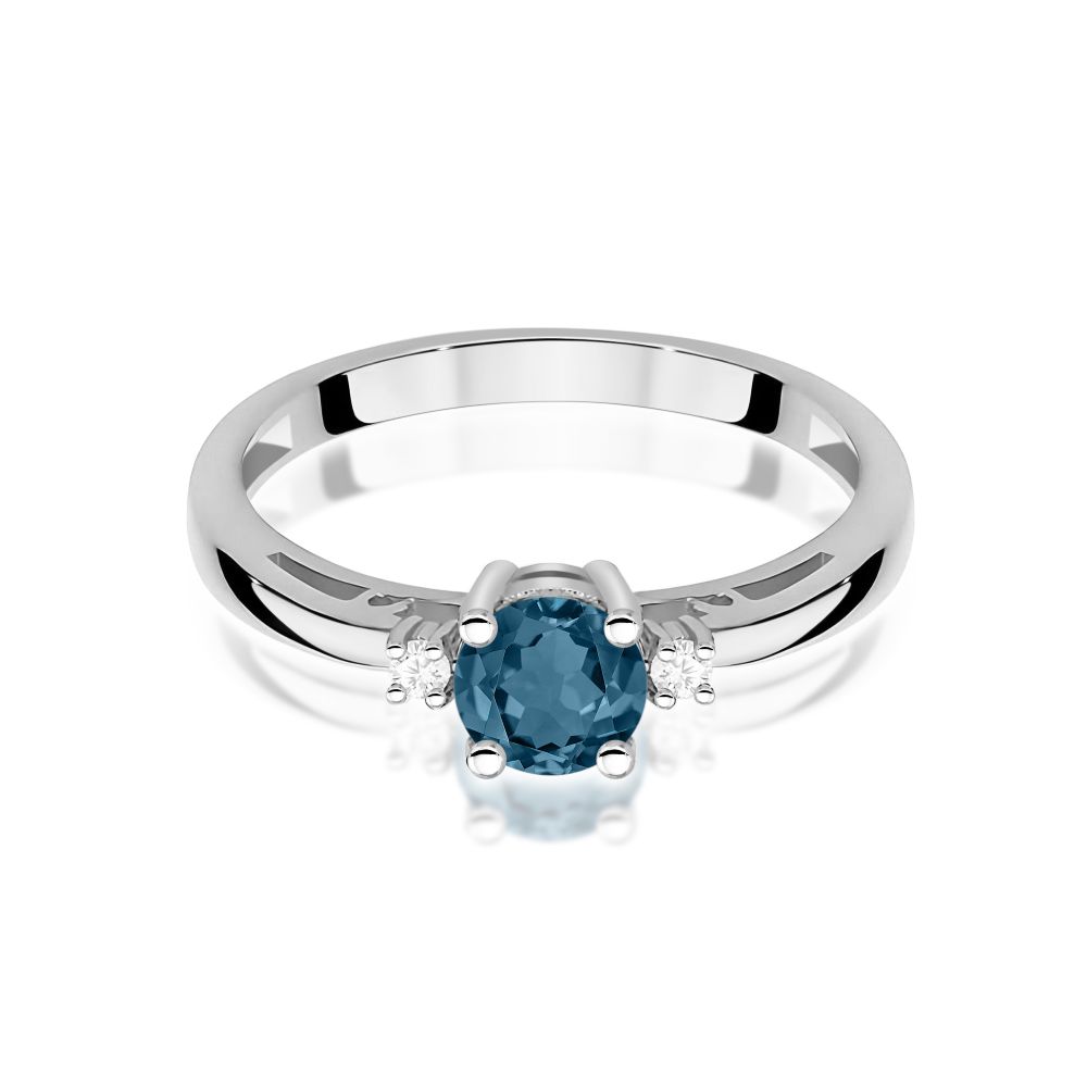 Pierścionek z topazem London Blue 0,50 ct i brylantami, białe złoto 585