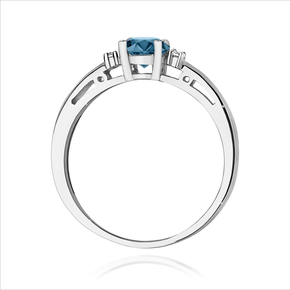 Pierścionek z topazem London Blue 0,50 ct i brylantami, białe złoto 585
