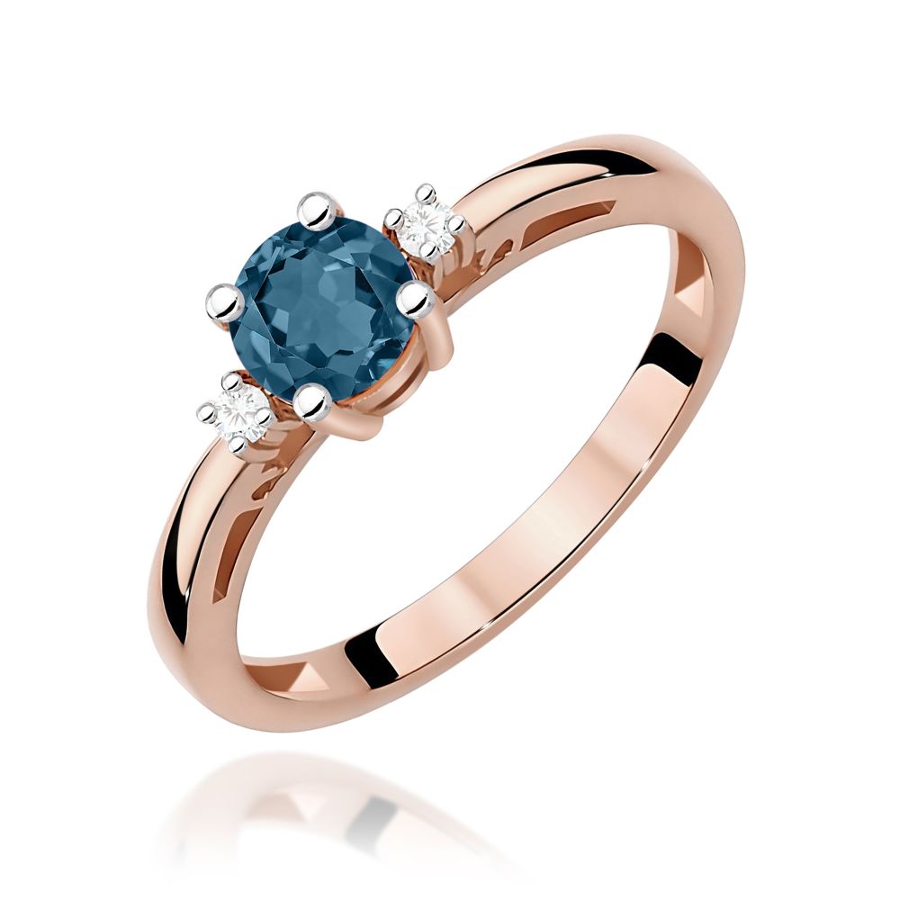 Pierścionek z topazem London Blue 0,50 ct i brylantami, różowe złoto 585