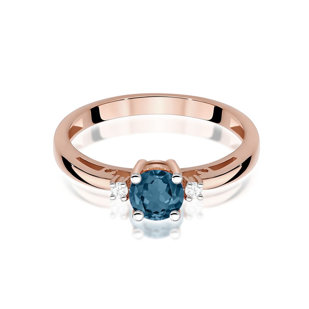 Pierścionek z topazem London Blue 0,50 ct i brylantami, różowe złoto 585