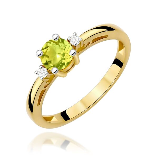Pierścionek z oliwinem 0,60 ct i brylantami, żółte złoto 585