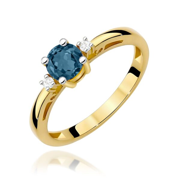 Pierścionek z topazem London Blue 0,50 ct i brylantami, żółte złoto 585